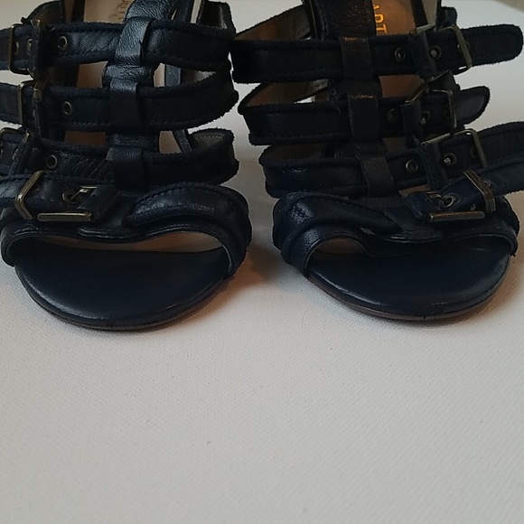 Colin Stuart Navy Strappy Navy Genuine Leatber Wood Block 4" Heel 6 - Picture 5 of 8